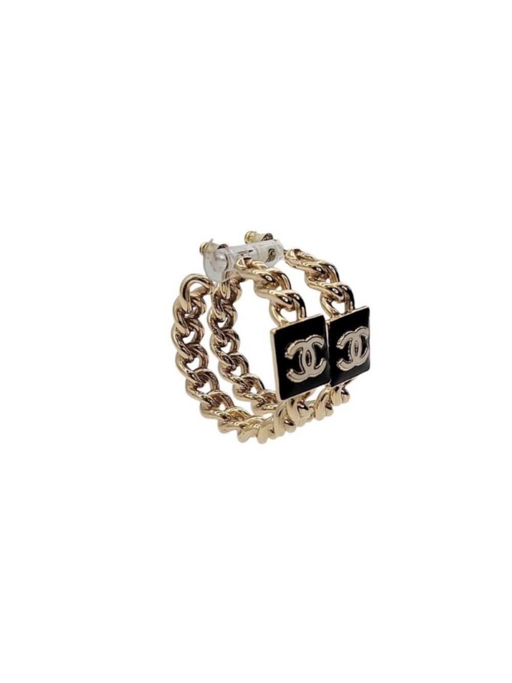 CHANEL Gold and Black Chain Hoop Earrings with CC Plaques